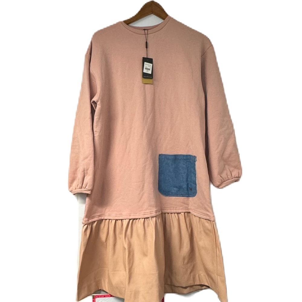 Mila woman’s l pink denim pocket NWT casual drop waist leather sweatshirt dress